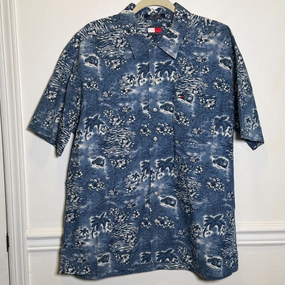 Tommy Hilfiger Hawaiian Camp Shirt Men’s XL Blue Floral Tropical Button Front